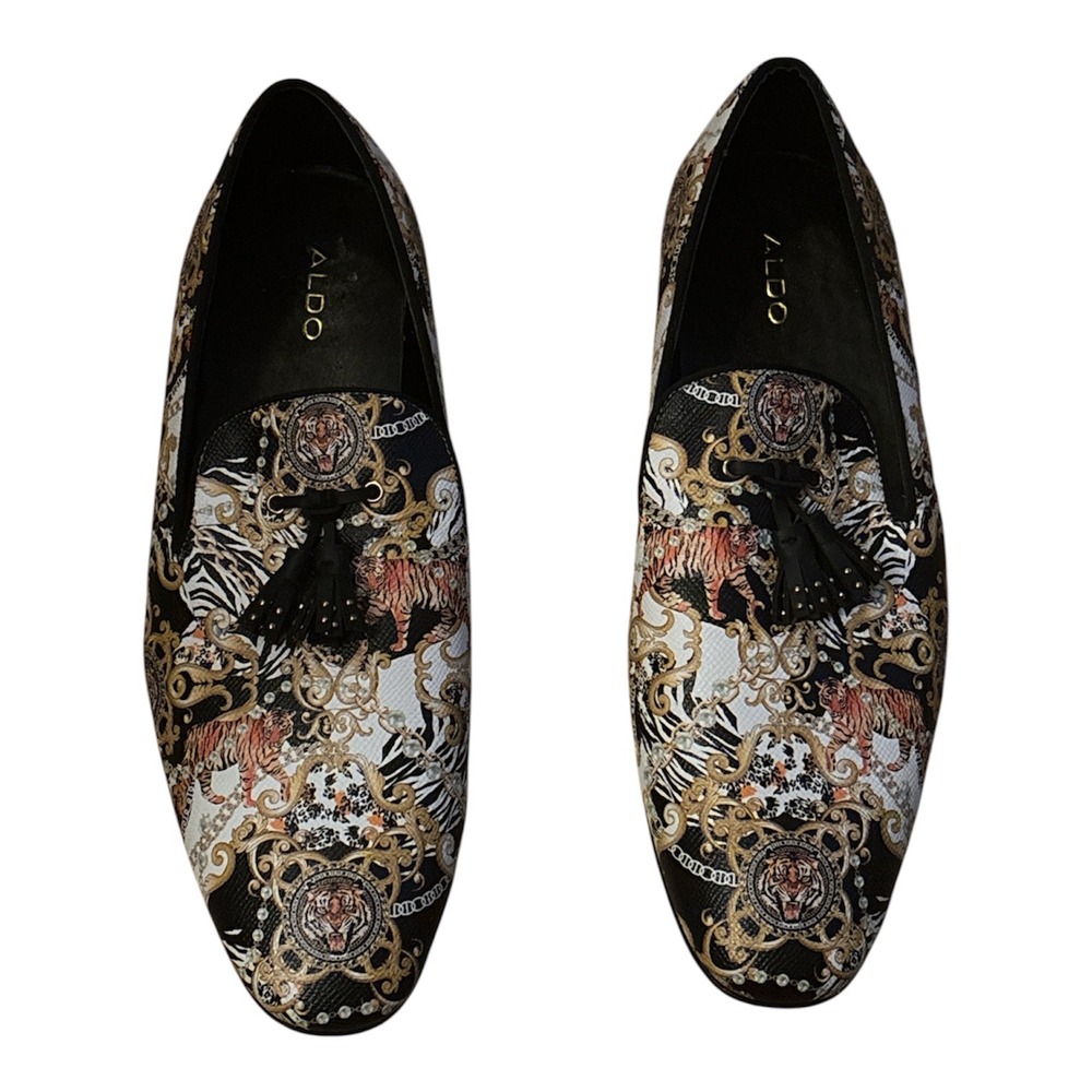 Aldo Mens Baroque Tiger Print Tassel Loafers Black Gold Slip On Shoes Size 10 - Picture 6 of 9
